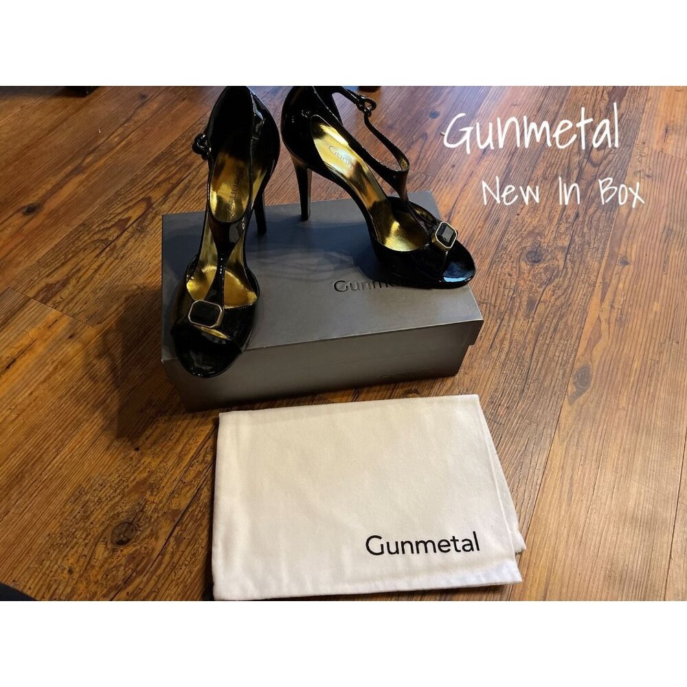Gunmetal Designer Heels Shoes Black Patent Leather 38 EUR 8 US New In Box